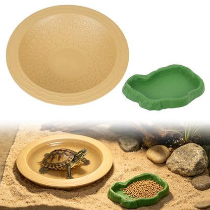 Reptile Bathing Pool with Pet Food Feeding Plate, Embedded Turtle Bathing Pool with Ramp Reptile Feeding Dish Water Bowl Habitat Accessories for Gecko, Snake, Turtle, Bearded Dragon, Lizard Bath