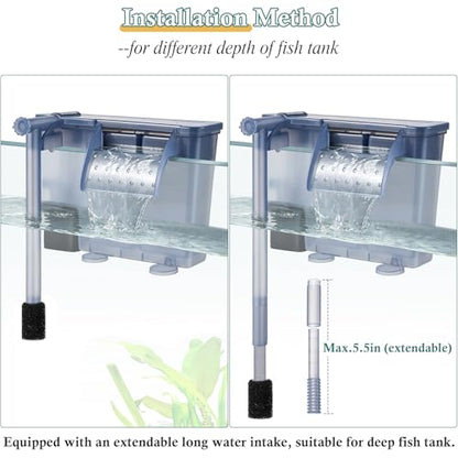 5W Hang-on Aquarium Filter, 124GPH Quiet Fish Tank Filter with Filter Sponge and Activated Carbon, Adjustable Waterfall Filter for 10-25 Gallon Fish Tank