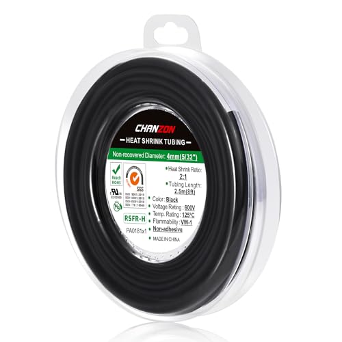 Chanzon 2:1 Ratio 5/32" (4mm) Heat Shrink Tubing 8Ft Roll Black | Polyolefin Sleeving 2.5M Roll, for Automotive Wire Repair, Marine, RC Hobby & Electronic Insulation, 1pcs - color: Black, size: 4mm (5/32") - 8FT