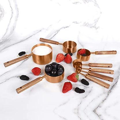 Collection 8 Piece Rose Gold Measuring Cups Set and Measuring Spoons, Golden With fragrant wood Handles-Complete Set of Measure Cups and Spoons For Cooking and Baking. - color: Copper