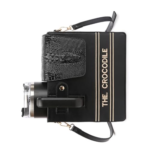PU Reptiles Texture Drink Container with Adjustable Strap for Coffee Flask Bottles Camping Walking Daily Needs Travel Beverage Bag - color: Black