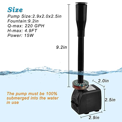 15W 220 GPH Submersible Fountain Pump with LED Light (800L/H), Ultra Quiet Adjustable Water Pump for Water Feature, Hydroponics, Garden, Pond, Aquariums, Fish Tanks, Indoor Outdoor Fountain