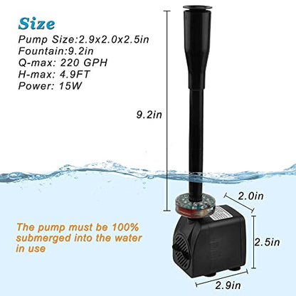15W 220 GPH Submersible Fountain Pump with LED Light (800L/H), Ultra Quiet Adjustable Water Pump for Water Feature, Hydroponics, Garden, Pond, Aquariums, Fish Tanks, Indoor Outdoor Fountain