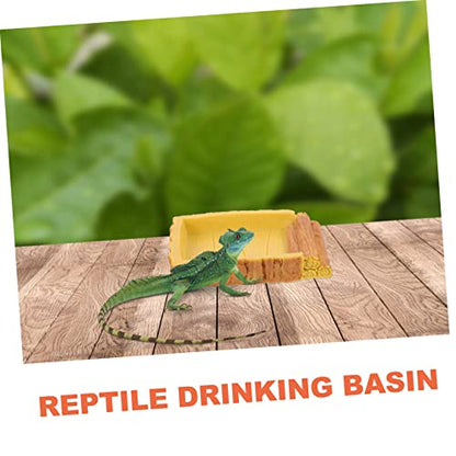 Resin Feeding Dish for Reptile Terrarium Decorative Water Basin for Tortoise Habitat Includes PET Food Feeder and Water Storage Container