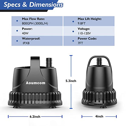 800GPH Submersible Water Pump, 40W Water Fountain Pump, Aquarium Pump, 3000L/H Water Pump with 7ft Power Cord for Garden Fountain, Water Table, Waterfall, Fish Tank, Pond, Hydroponics - size: 40W-800GPH