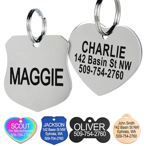 GoTags Stainless Steel Pet ID Tags, Personalized Dog Tags and Cat Tags | up to 8 Lines of Custom Text, Engraved on Both Sides, in Bone, Round, Heart and More (Ranger Badge, Small (Pack of 1)) - size: Small (Pack of 1), style: Ranger Badge