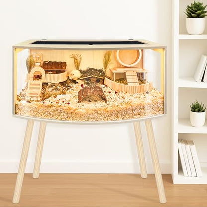 Prolee Hamster Cage with Curved Design,Chew Proof Wooden Hamsters Enclosure with Leg Stand and Openable Top or Gerbils,Hamster Habitat - size: 32.0"L x 16.0"W x 16.0"H