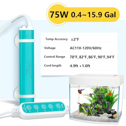 hygger Mini Submersible Aquarium Heater, Turtle and Betta Fish Tank Heater with Five-Key External Controller 78℉、82℉、86℉、90℉、94℉ for Freshwater Small Tank - size: 75W for 0.4~15.9Gal