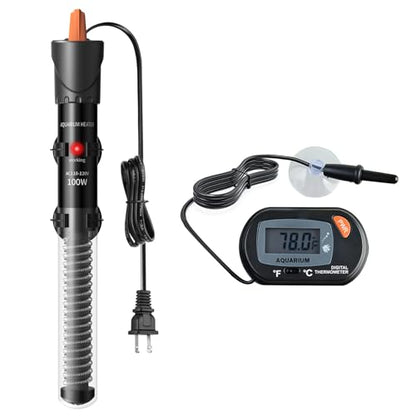 HiTauing Aquarium Heater 25W/50W/100W/200W/300W, Adjustable Knob Fish Tank Heater with Digital Thermometer, Submersible Betta/Turtle Tank Heater for Freshwater and Saltwater Tanks - size: 100W for 10-30 gallon