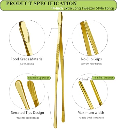 JETKONG 2 Pcs 14-Inch Cooking Tweezers Extra Long Stainless Steel Food Tweezers Kitchen Tweezer Tongs (Gold) - color: Gold, size: 14+14 Inch