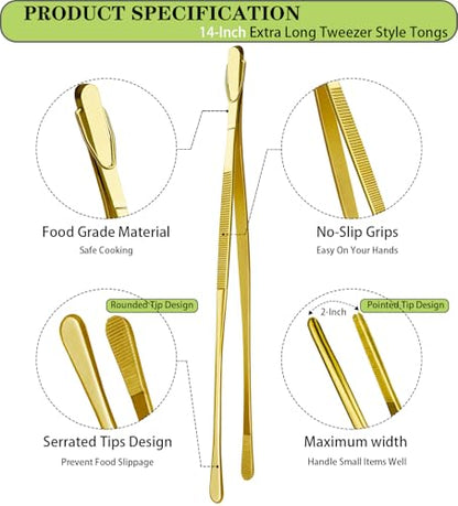 JETKONG 2 Pcs 14-Inch Cooking Tweezers Extra Long Stainless Steel Food Tweezers Kitchen Tweezer Tongs (Gold) - color: Gold, size: 14+14 Inch