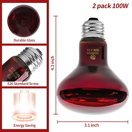 Reptile Heat Lamp Bulbs,Infrared 100W Reptiles & Amphibians Basking Spot Lamp Bulb, 2 Packs Red Heat Emitter Light for Chickens Coop - color: Red(100*2)