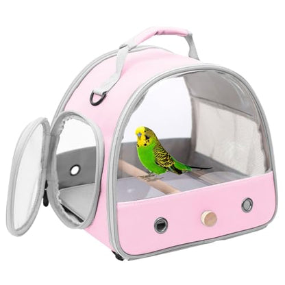 Bird Carrier, Portable Small Bird Parrot Parakeet Carrier with Standing Perch and Mat, Side Access Window Collapsible (Pink, Clear Windows) - color: Pink