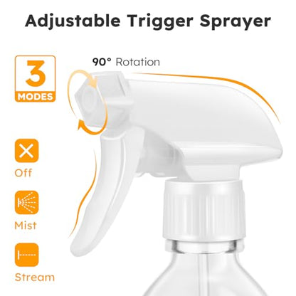 Tecohouse Glass Spray Bottles 8oz, 2 Pack Clear Glass Spray Bottles | Small Empty Glass Spray Bottles for cleaning, Plants, Pets, Hair, Durable Spray Nozzle, Fine Mist, Labels, Funnel, Pipettes - color: Clear White Lids