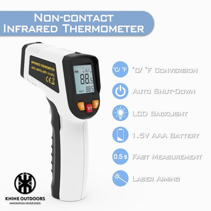 KNINE OUTDOORS Infrared Thermometer Gun, -58℉ to 1112℉ | Temp Gun, Laser Temperature Gun, for Cooking, Oven, BBQ, Griddle, Meat, HVAC Engine, Distance to Spot Ratio 12:1, White - color: White