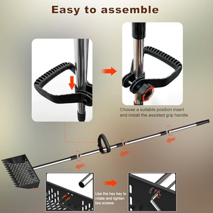 Metal Chicken Poop Scooper & Rake Scoop 10" Metal Chicken Coop Rake | Assistanted Handle Grip Heavy Duty Scoop Tool Adjustable Long Handle Adjustable (36 to 62") for Farm Animals Clean Tool