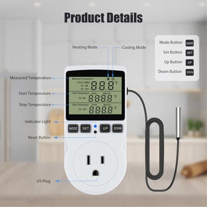 Plug in Digital Thermostat Temperature Controlled Outlet, 1800W 120V 15A Heating Cooling Control for Reptile, Incubation, Aquarium, Refrigerator, Home Brewing - color: Without Backlit