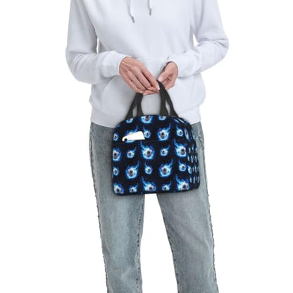 Women Flame Soccer Print Insulated Lunch Box Leakproof | Blue Flame Soccer Ball, Neoprene Thermal Cooler Bag, Padded Handle, Compact Tote for Commute & Travel - color: Pattern (850)
