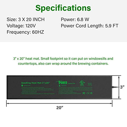 iPower 3" x 20" Seeding Heat Mat with Thermostat Temperature Adjustable Knob Durable Warm Hydroponic Plant Germination Starting Pad, Black - size: 3" x 20", style: with Adjustable Knob