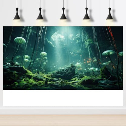 Aquarium Background Foggy Stone Mushroom Green Moss Fish Tank Background Mysterious Green Seaweed Scenery Aquarium Backgrounds White Mushroom Reptile Tank Enclosure Backgrounds Wallpaper 24x12in - color: Moss Green, size: 24(W)x12(H)inches/ 60(W)*30cm(H)