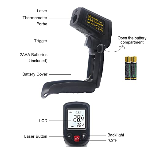 KETOTEK Infrared Thermometer Non Contact IR Digital Laser Temperature Gun -50℃～600℃ (-58℉～1112℉) Adjustable Emissivity Thermometer Gun for Cooking - color: Black