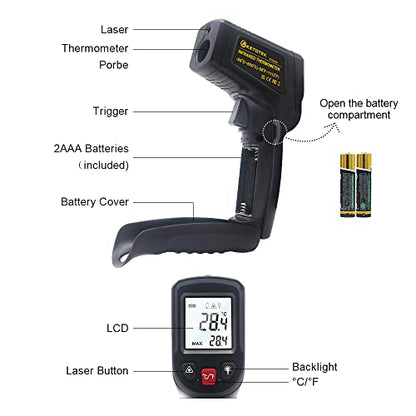 KETOTEK Infrared Thermometer Non Contact IR Digital Laser Temperature Gun -50℃～600℃ (-58℉～1112℉) Adjustable Emissivity Thermometer Gun for Cooking - color: Black