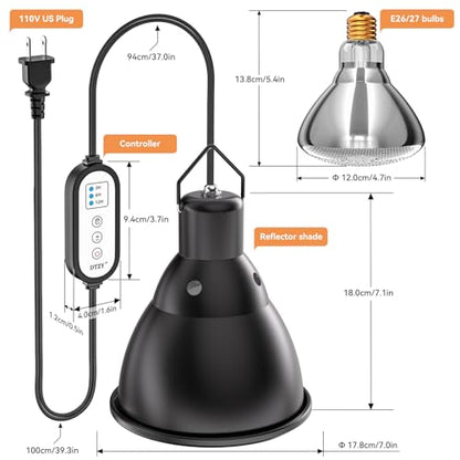 Reptile Heat Lamp,7inch Deep Dome Reptile Light Fixture with 3/6/12 Timer, Infrared Reptile Heat Lamp Max 150W Blub, for Turtle Bearded Dragon Lizards Snake（1PCS 150W Bulb Included）