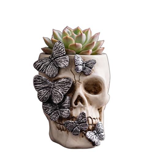 Resin Air Plant Holders,Tilandsia Container,Gothic Skeleton Planter,Halloween Plant Pot,Tillandsia Pot, Skull Table Top Display Planters for Air Plants and Other (White, 5.1 * 4.3'') - size: 5.1*4.3''