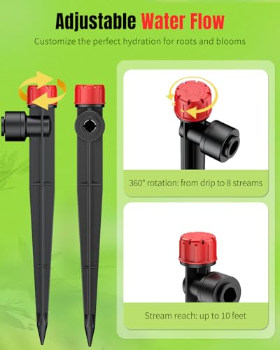 Pawfly 60 Pcs Push-to-Fit Drip Irrigation Emitters for 1/4 Inch Tubing, Drip Emitters Sprinklers with Stake & 8 Holes, Drip Irrigation System Parts with Adjustable Water Flow Irrigation Drippers, Red - size: 60PCS Drip Irrigation Vortex Emitters