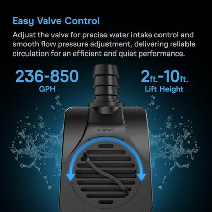 AC Infinity 850 GPH Submersible Water Pump (3218 L/H 36W) | Ultra Quiet Fountain Pump w/ 3 ft High Lift, 5 ft Power Cord, for Fish Tanks, Aquariums, Fountains, Statuaries, Ponds, Pools - size: 850 GPH