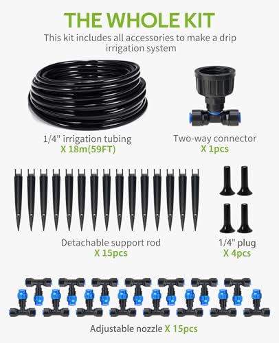 HIRALIY 59FT Drip Irrigation Kit, Quick-Connect Garden Watering System | with 15 Adjustable Misting Nozzles and 1/4 in Tubing for Greenhouse, Hanging Plants, Raised Beds & Patio Containers - size: 59 feet
