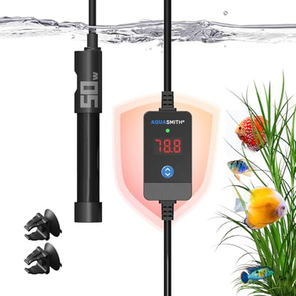 AQUASMITH 50W Aquarium Heater Precise Control Fast Heat Auto Off Anti Dry Burn 0-4Gal Tank | External LED precise temp control, fully submersible installation, explosion-proof tube for fresh & salt water - size: XS