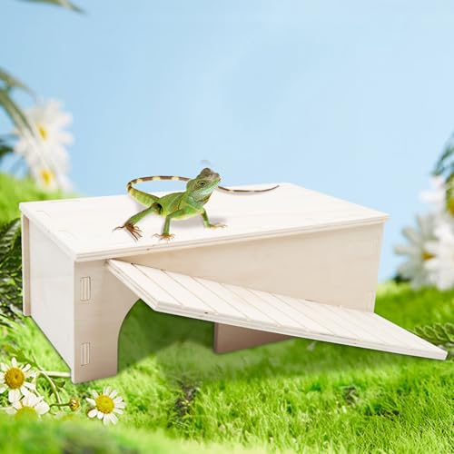 Oooct Bearded Dragon Hide Cave, Wooden Lizard Hideout with Climbing Ramp, Reptile Habitat with Basking Platform, Tank Accessories for Bearded Dragon Lizard Chameleon Hamster 12.9 × 11 × 4.7 Inch - size: 12.9 × 11 × 4.7 Inch