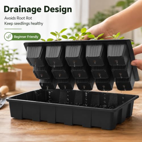 Gardzen 5 Pack Seed Starter Trays with Vented Domes 75 Cell Black | Reusable Plant Germination Kit with Humidity Domes and Bases for Starting Seeds, 15"x9" Tray - size: 15-Cell 5-Pack