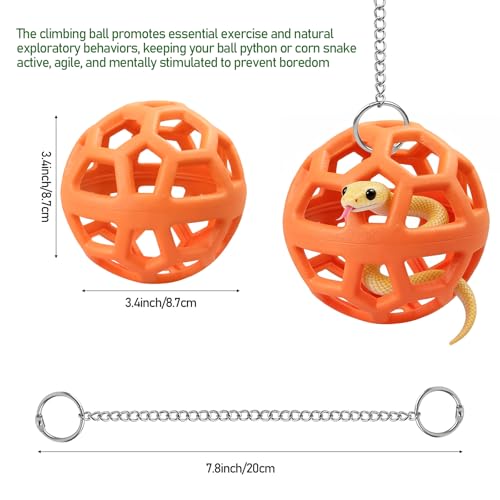 Snake Reptile Enrichment Ball & Hammock Combo, Durable Climbing Gym with Secure Chain - Fun Exercise & Resting Toy for Small Pet Snakes Including Python & Corn Snake Terrariums (Large, Orange)