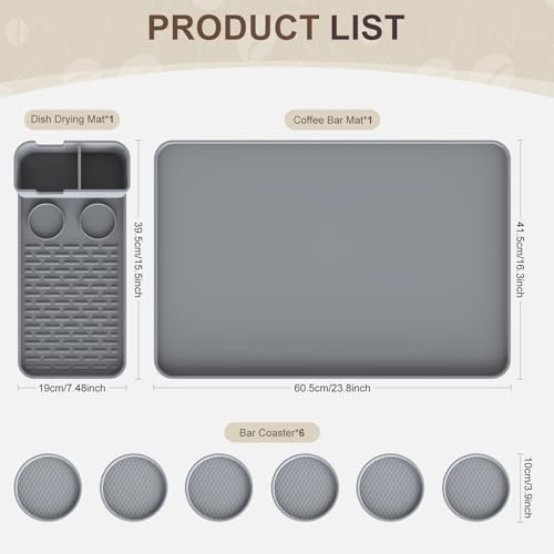 Silicone Coffee Mat with 6 Coasters,24"x16" Counter Bar Mat Fits Under Coffee Maker/Pot & Espresso Machine, Bar Aceessories,Detachable Drying Pad for Tamper,Sugar Packets,Cups & Countertop Protection - color: Gray, size: 24" x 16"