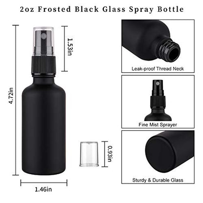 2oz Frosted Black Glass Spray Bottles for Essential Oils, Set of 3 | Small, Travel, Mini, Empty, Fine Mist, for Facial, Cosmetic, Perfume, Hair Care, Room, Refillable, Leakproof, UV protection - color: Frosted Black