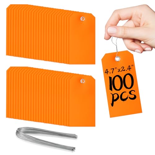 100 Pcs Marking Tags with String Rectangle Plastic Hang Tags Waterproof Orange Tags Wire Tags Write On Tie On Labels Tags for Auto Parts Luggage Garage Inventory DIY Price (Orange, 4 3/4" x 2 3/8") - color: Orange, size: 4 3/4" x 2 3/8"