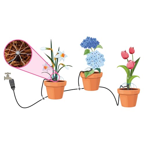 Rain Bird POTTEDKIT Drip Irrigation Container/Potted Plant Watering Kit, Connects to Faucet/Garden Hose, 1/4" Drip Tubing, 360° Micro Bubblers, T-Fittings and Pressure Regulator