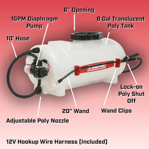 Chapin 8-Gallon ATV Spot Sprayer, 12V Pump for Easy Spraying | Heavy-duty chemical-resistant poly tank; double filtration, fits ATVs and UTVs, wide opening, 15-ft hose and 18-in wand - size: 8 Gallon, 12V