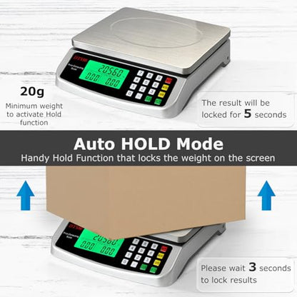 110lb Food Scale, Digital Kitchen Scale with Price Computing Commercial Scale 5 Units, Hold, Tare, PCS, 304 Stainless Steel for Baking, Cooking, Meat, Counting, Adapter Included - color: Silver 50kg (Hold Mode)