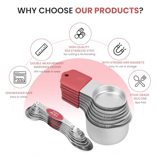 HOUJIP Magnetic Measuring Cups and Spoons Set-304 Stainless Steel,Red | Double Measurement Markings,BPA-Free,Set of 16 with Leveler for Measuring Dry and Liquid Ingredients - color: Red