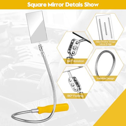 Telescoping & Bendable Inspection Mirror – Round & Square Heads, Black/Yellow | 360° Swivel Neck, Telescoping & Bendable Handles, Metal & Glass Build, for Dead Angles & Tight Spots - color: Yellow/Black