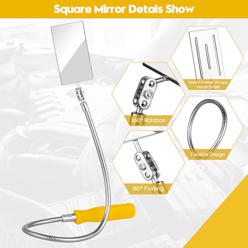 Telescoping Inspection Mirror Set – 360° Viewing for Auto & Home Use | Telescoping Rod & Bendable Rod, 360° Swivel Mirror, Round & Square Heads, 4 Replaceable Mirrors, Storage Bag Included