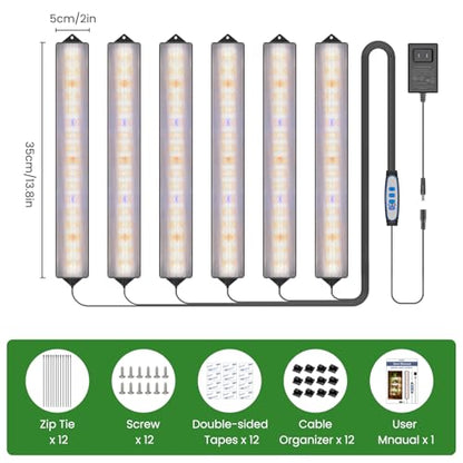 14in Grow Light Strip for Indoor Plants, Full Spectrum | 6 Bars, 105 White/Red/Blue LEDs per Strip, Timer & Dimming Control, Sleek Design, Growing Lamp for Cabinets & Shelves - size: 6 Pack