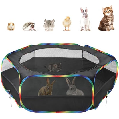 Pawaboo Small Animal Playpen with Zippered Cover, Black + Rainbow | Portable pop-up pet tent for supervised rabbits, guinea pigs, chicks and kittens; water-resistant bottom and 3 metal rods - color: Black + Rainbow