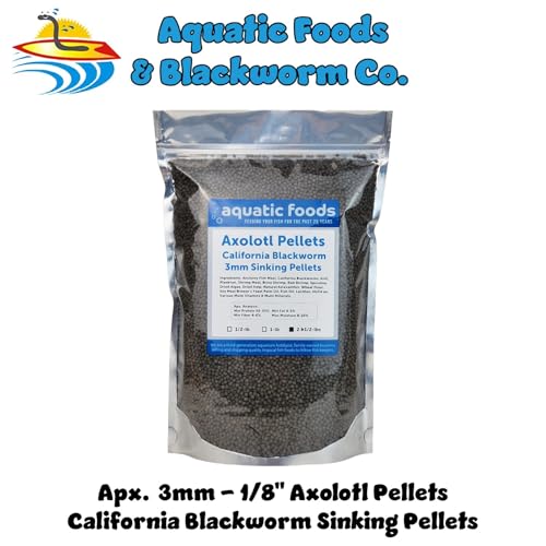 Axolotl Blackworm Pellets. 3mm-1/8 Sinking California Blackworm Medium Pellets for Medium/Large Axolotl, Shrimp, Salamanders, Frogs, Snails, Newts…2 & 1/2-lbs Pouch Bag