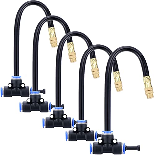 5Packs Brass Misting Nozzles Tee with 8inch Built in Hose 360° Rotation | Adjustable Water Mister Nozzles Thread Sprayer for Outdoor Cooling System 0.043" (1.1 mm) - size: 1 Way - 8inch Hose