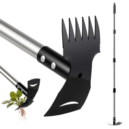 Weed Remover Tool with Long Handle(58IN), 2-in-1 Hand Weed Puller with Rake & Garden Hoe Combo for Gardening, Manual Weeding Tools for Gardens, Yards, Patios, Lawns, and Paved Areas