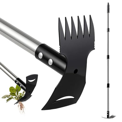 Weed Remover Tool with Long Handle(58IN), 2-in-1 Hand Weed Puller with Rake & Garden Hoe Combo for Gardening, Manual Weeding Tools for Gardens, Yards, Patios, Lawns, and Paved Areas